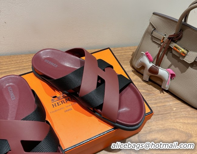 Good Looking Hermes Kazimir Flat Slides Sandal in Woven Ribbon and Calfskin Leather Burgundy/Black 0419077