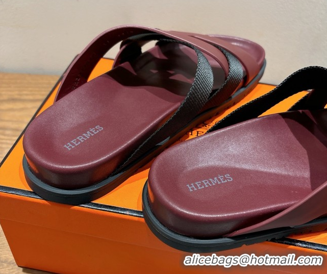 Good Looking Hermes Kazimir Flat Slides Sandal in Woven Ribbon and Calfskin Leather Burgundy/Black 0419077