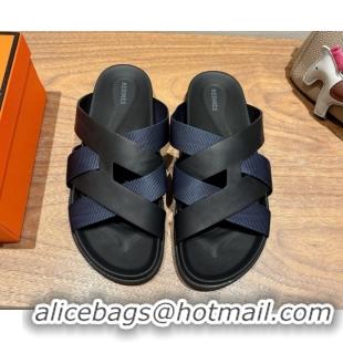 Good Quality Hermes Kazimir Flat Slides Sandal in Woven Ribbon and Calfskin Leather Black/Blue 0419082