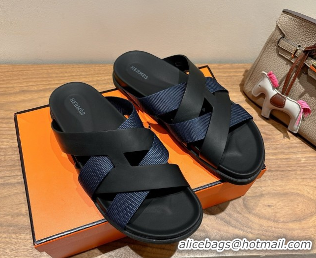 Good Quality Hermes Kazimir Flat Slides Sandal in Woven Ribbon and Calfskin Leather Black/Blue 0419082