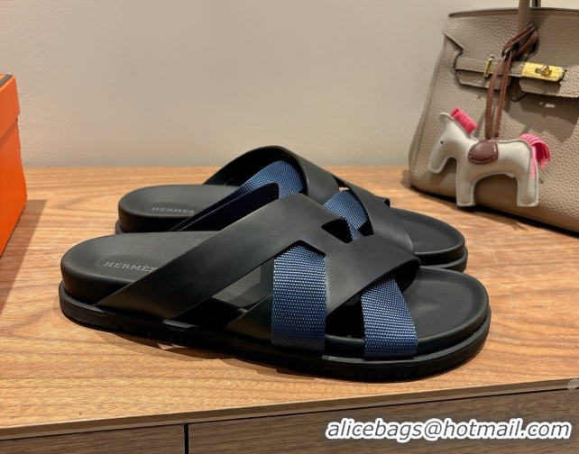 Good Quality Hermes Kazimir Flat Slides Sandal in Woven Ribbon and Calfskin Leather Black/Blue 0419082