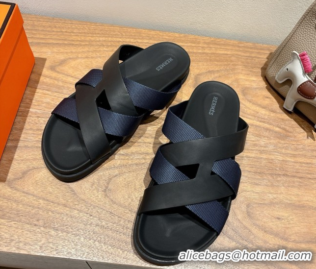 Good Quality Hermes Kazimir Flat Slides Sandal in Woven Ribbon and Calfskin Leather Black/Blue 0419082