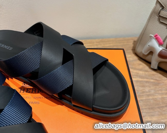 Good Quality Hermes Kazimir Flat Slides Sandal in Woven Ribbon and Calfskin Leather Black/Blue 0419082