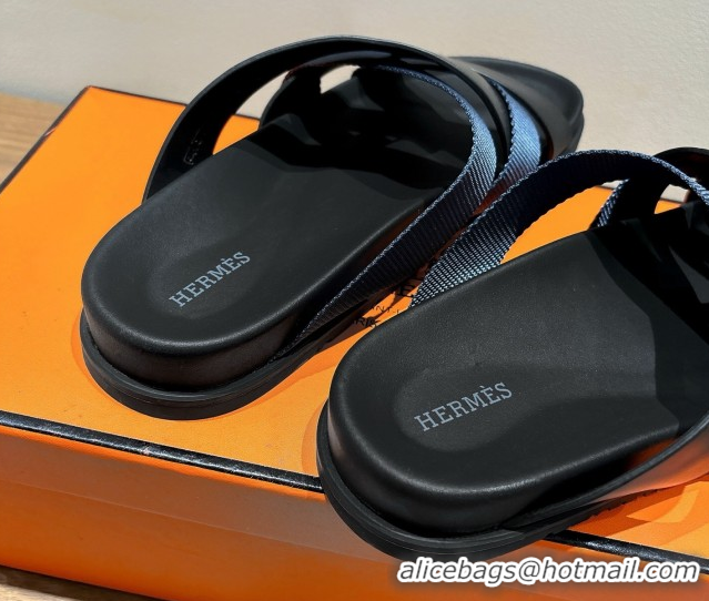 Good Quality Hermes Kazimir Flat Slides Sandal in Woven Ribbon and Calfskin Leather Black/Blue 0419082