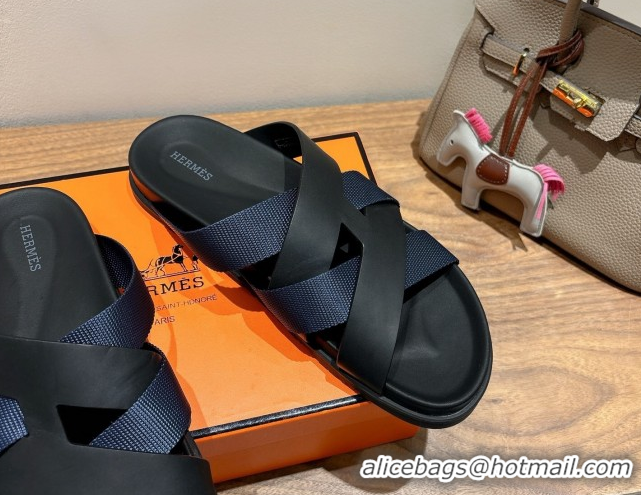 Good Quality Hermes Kazimir Flat Slides Sandal in Woven Ribbon and Calfskin Leather Black/Blue 0419082