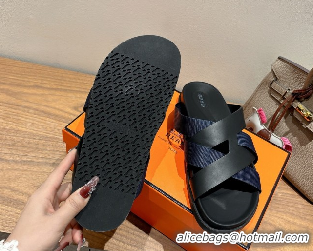 Good Quality Hermes Kazimir Flat Slides Sandal in Woven Ribbon and Calfskin Leather Black/Blue 0419082