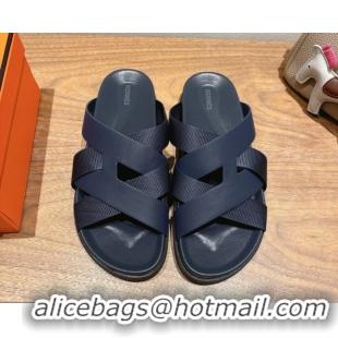 Hot Style Hermes Kazimir Flat Slides Sandal in Woven Ribbon and Calfskin Leather Dark Blue 0419083