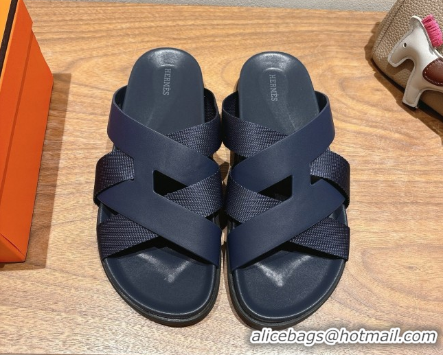 Hot Style Hermes Kazimir Flat Slides Sandal in Woven Ribbon and Calfskin Leather Dark Blue 0419083