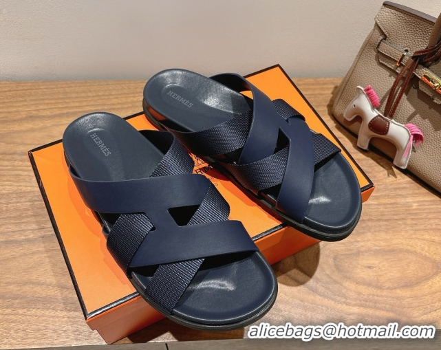 Hot Style Hermes Kazimir Flat Slides Sandal in Woven Ribbon and Calfskin Leather Dark Blue 0419083