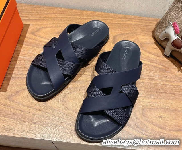 Hot Style Hermes Kazimir Flat Slides Sandal in Woven Ribbon and Calfskin Leather Dark Blue 0419083