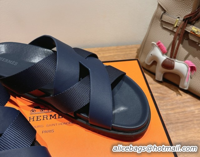 Hot Style Hermes Kazimir Flat Slides Sandal in Woven Ribbon and Calfskin Leather Dark Blue 0419083