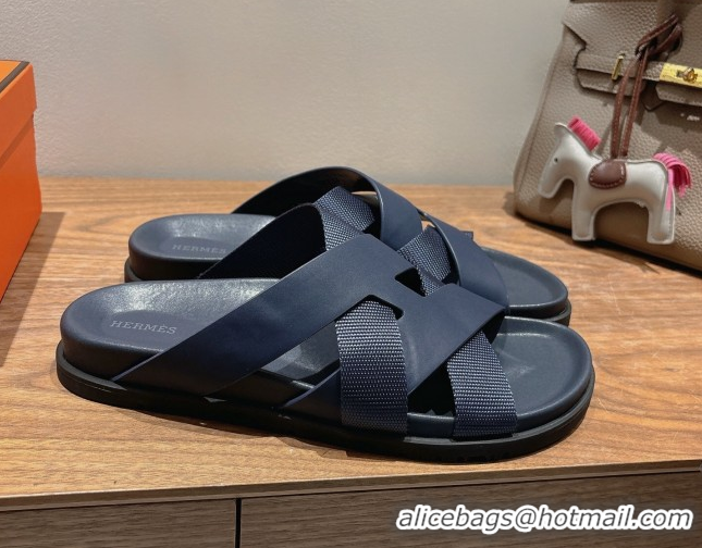 Hot Style Hermes Kazimir Flat Slides Sandal in Woven Ribbon and Calfskin Leather Dark Blue 0419083