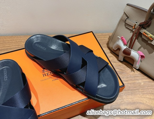 Hot Style Hermes Kazimir Flat Slides Sandal in Woven Ribbon and Calfskin Leather Dark Blue 0419083