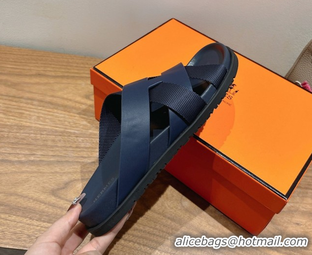 Hot Style Hermes Kazimir Flat Slides Sandal in Woven Ribbon and Calfskin Leather Dark Blue 0419083