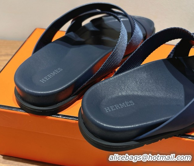 Hot Style Hermes Kazimir Flat Slides Sandal in Woven Ribbon and Calfskin Leather Dark Blue 0419083