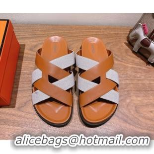 Fashionable Hermes Kazimir Flat Slides Sandal in Woven Canvas and Calfskin Leather Brown 0419084