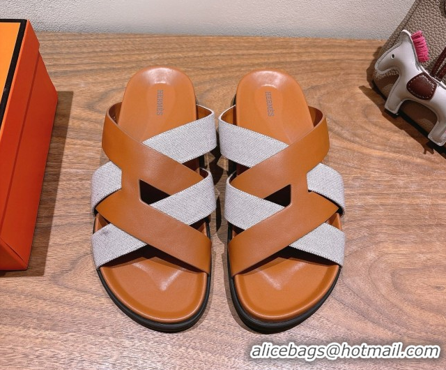 Fashionable Hermes Kazimir Flat Slides Sandal in Woven Canvas and Calfskin Leather Brown 0419084