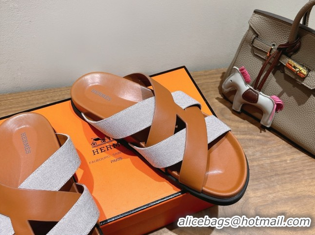 Fashionable Hermes Kazimir Flat Slides Sandal in Woven Canvas and Calfskin Leather Brown 0419084