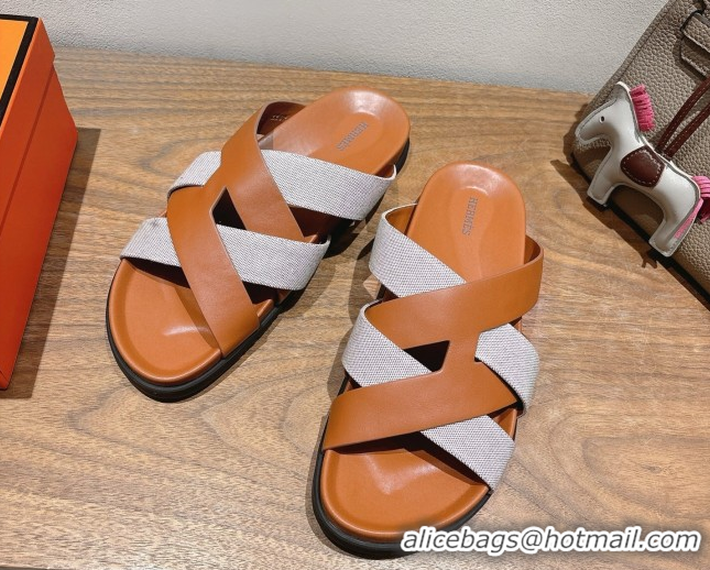Fashionable Hermes Kazimir Flat Slides Sandal in Woven Canvas and Calfskin Leather Brown 0419084
