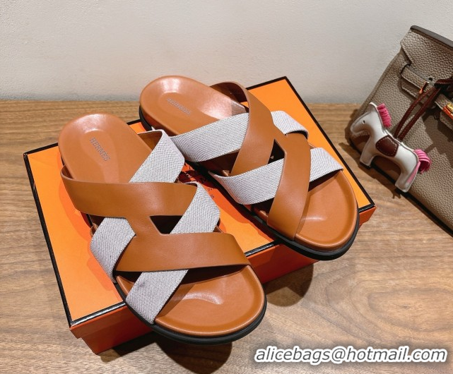 Fashionable Hermes Kazimir Flat Slides Sandal in Woven Canvas and Calfskin Leather Brown 0419084
