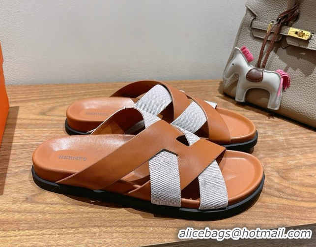 Fashionable Hermes Kazimir Flat Slides Sandal in Woven Canvas and Calfskin Leather Brown 0419084