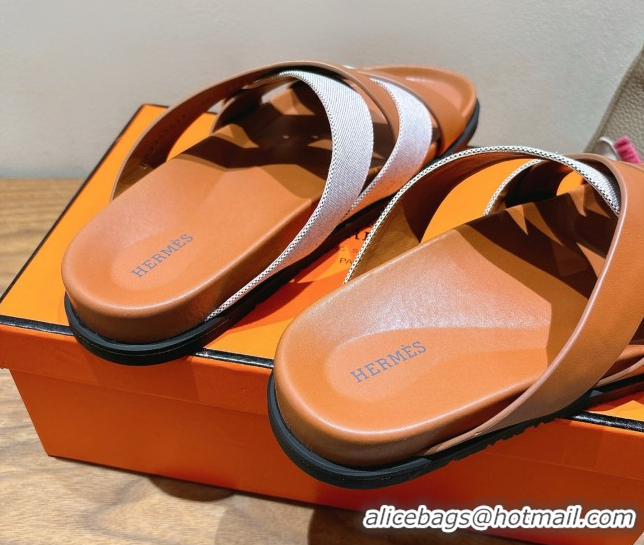 Fashionable Hermes Kazimir Flat Slides Sandal in Woven Canvas and Calfskin Leather Brown 0419084