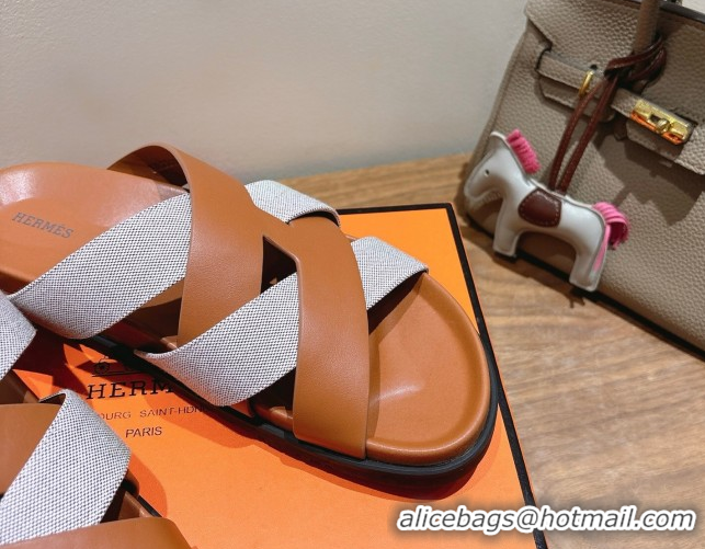 Fashionable Hermes Kazimir Flat Slides Sandal in Woven Canvas and Calfskin Leather Brown 0419084
