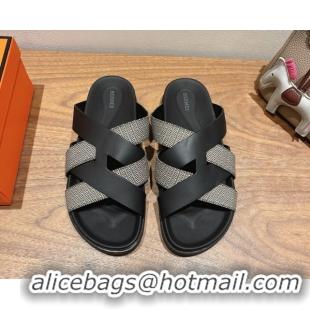 Stylish Hermes Kazimir Flat Slides Sandal in Woven Canvas and Calfskin Leather Black 0419085