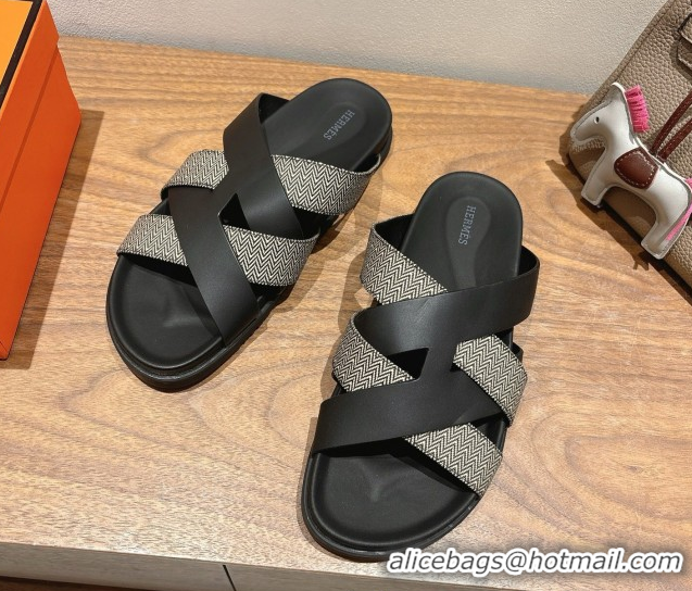 Stylish Hermes Kazimir Flat Slides Sandal in Woven Canvas and Calfskin Leather Black 0419085