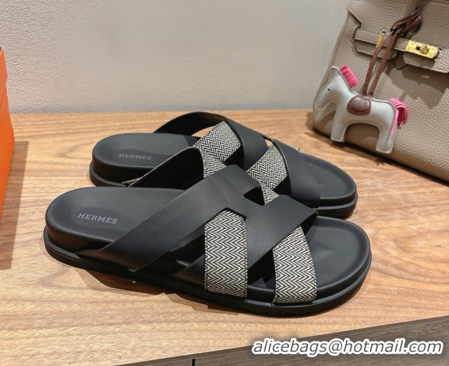 Stylish Hermes Kazimir Flat Slides Sandal in Woven Canvas and Calfskin Leather Black 0419085