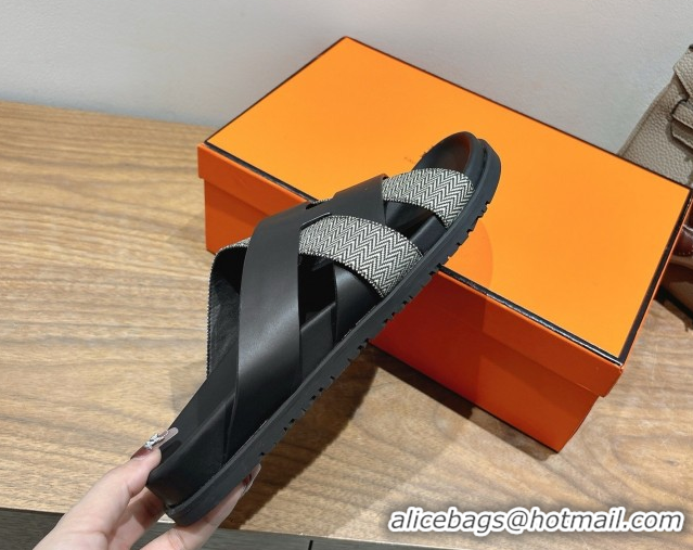 Stylish Hermes Kazimir Flat Slides Sandal in Woven Canvas and Calfskin Leather Black 0419085