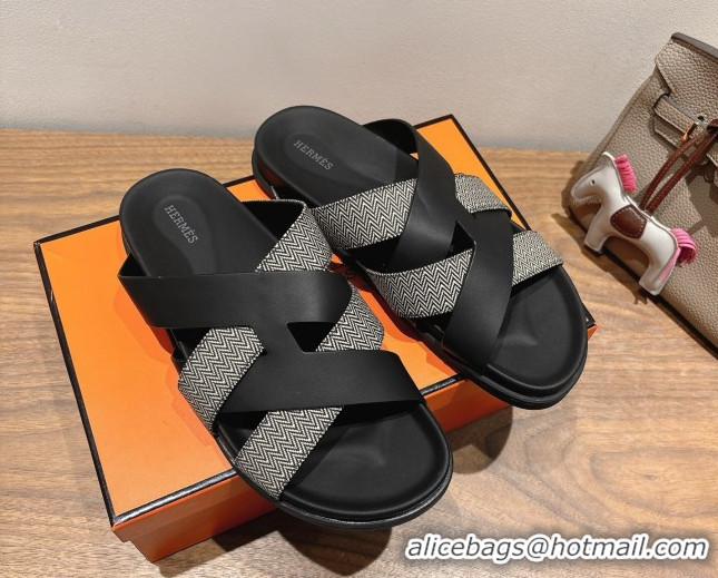 Stylish Hermes Kazimir Flat Slides Sandal in Woven Canvas and Calfskin Leather Black 0419085