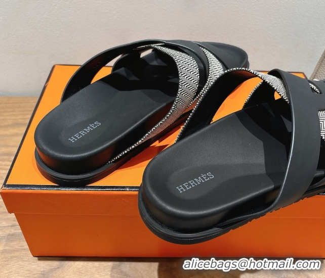 Stylish Hermes Kazimir Flat Slides Sandal in Woven Canvas and Calfskin Leather Black 0419085