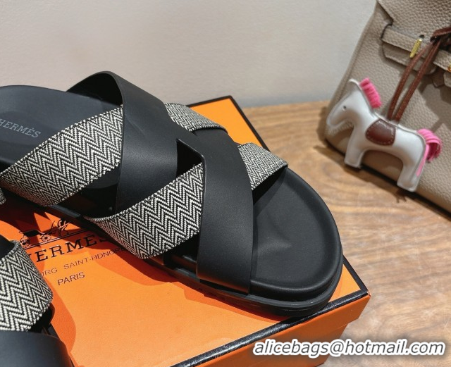 Stylish Hermes Kazimir Flat Slides Sandal in Woven Canvas and Calfskin Leather Black 0419085