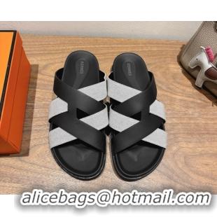 Luxury Cheap Hermes Kazimir Flat Slides Sandal in Woven Canvas and Calfskin Leather Black/Grey 0419086