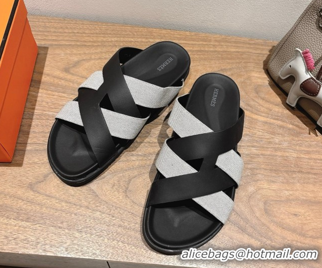 Luxury Cheap Hermes Kazimir Flat Slides Sandal in Woven Canvas and Calfskin Leather Black/Grey 0419086