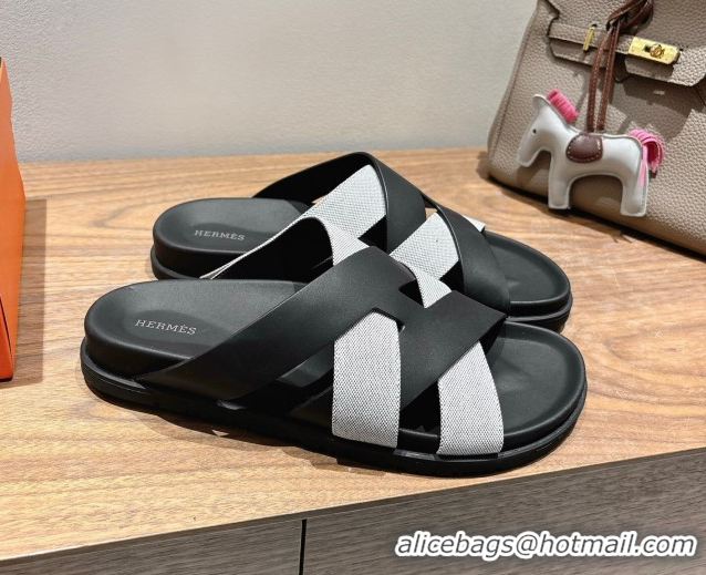 Luxury Cheap Hermes Kazimir Flat Slides Sandal in Woven Canvas and Calfskin Leather Black/Grey 0419086