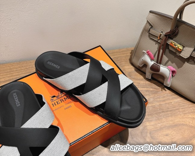 Luxury Cheap Hermes Kazimir Flat Slides Sandal in Woven Canvas and Calfskin Leather Black/Grey 0419086