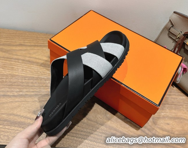 Luxury Cheap Hermes Kazimir Flat Slides Sandal in Woven Canvas and Calfskin Leather Black/Grey 0419086
