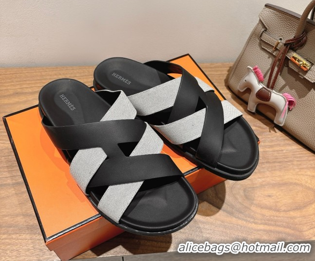 Luxury Cheap Hermes Kazimir Flat Slides Sandal in Woven Canvas and Calfskin Leather Black/Grey 0419086