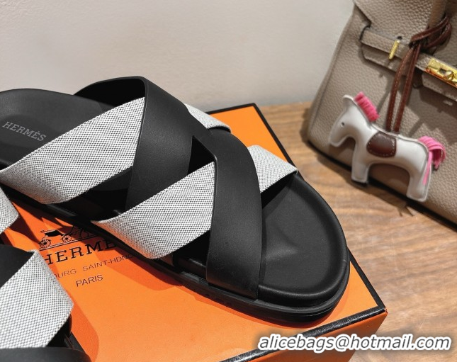 Luxury Cheap Hermes Kazimir Flat Slides Sandal in Woven Canvas and Calfskin Leather Black/Grey 0419086