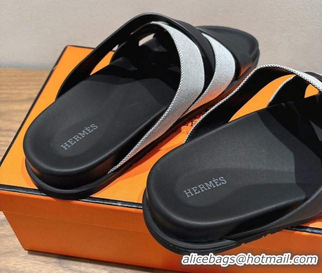 Luxury Cheap Hermes Kazimir Flat Slides Sandal in Woven Canvas and Calfskin Leather Black/Grey 0419086