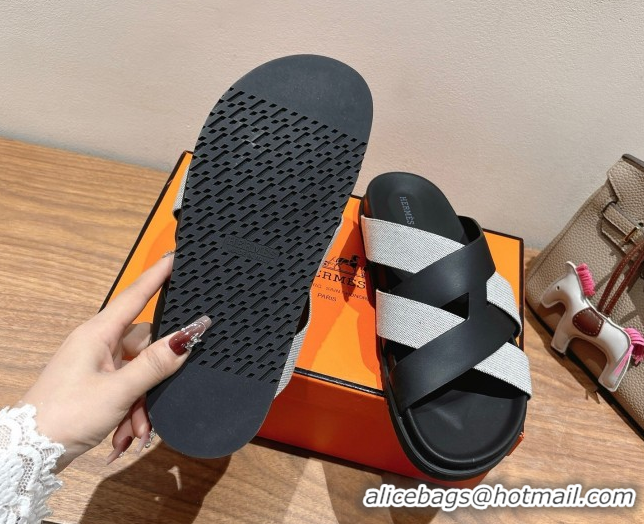 Luxury Cheap Hermes Kazimir Flat Slides Sandal in Woven Canvas and Calfskin Leather Black/Grey 0419086