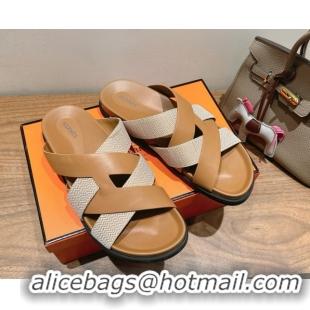 Sumptuous Hermes Kazimir Flat Slides Sandal in Woven Canvas and Calfskin Leather Brown 0419087