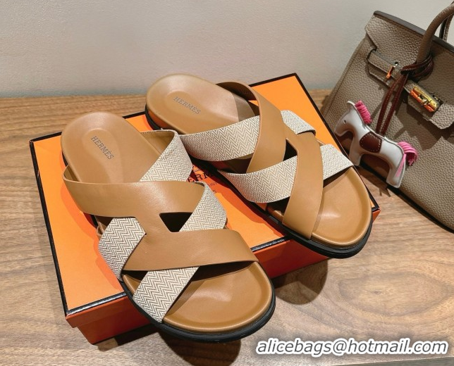 Sumptuous Hermes Kazimir Flat Slides Sandal in Woven Canvas and Calfskin Leather Brown 0419087