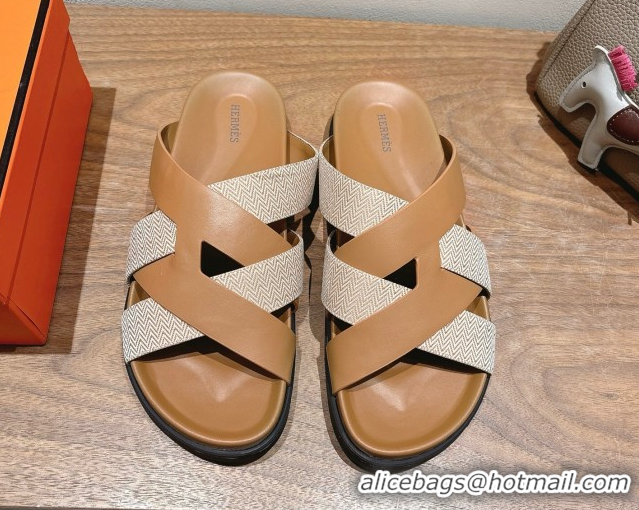 Sumptuous Hermes Kazimir Flat Slides Sandal in Woven Canvas and Calfskin Leather Brown 0419087