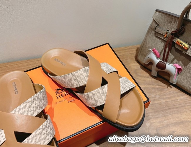 Sumptuous Hermes Kazimir Flat Slides Sandal in Woven Canvas and Calfskin Leather Brown 0419087