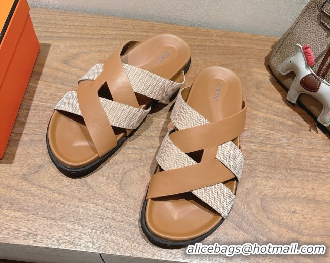 Sumptuous Hermes Kazimir Flat Slides Sandal in Woven Canvas and Calfskin Leather Brown 0419087