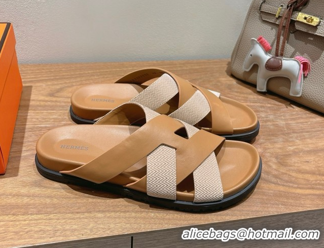 Sumptuous Hermes Kazimir Flat Slides Sandal in Woven Canvas and Calfskin Leather Brown 0419087
