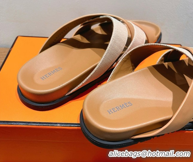 Sumptuous Hermes Kazimir Flat Slides Sandal in Woven Canvas and Calfskin Leather Brown 0419087